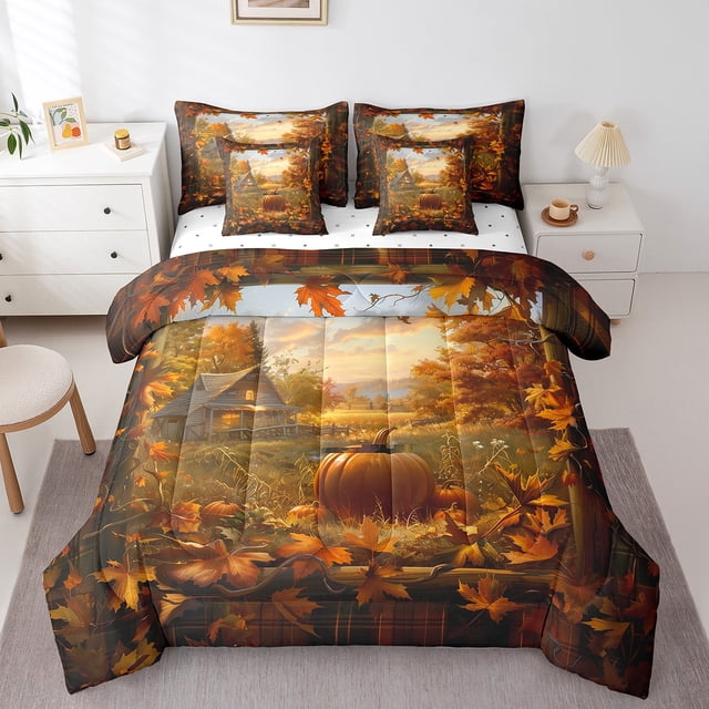 YST Ensemble de Literie à Thème Citrouille 7 Pcs, Ensemble de Couette Feuilles d'Automne, Format Grand Lit