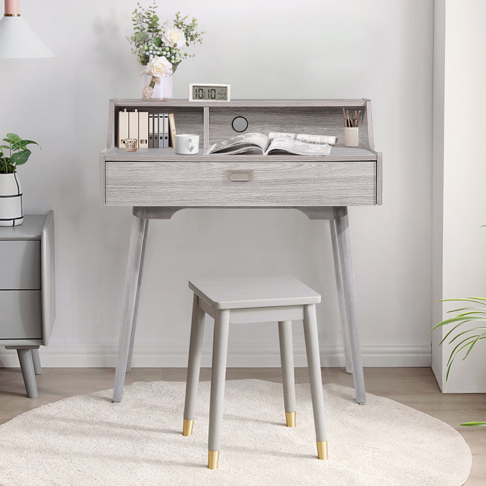 Kadyn Fiberboard Study Desk, Mid Century Studying Writing Table for Home Office, Modern Finished Fiberboard Studying Writing Table with Drawer, Plaid Grey Oak Kadyn Fiberboard Study Desk, Mid Century Studying Writing Table for Home Office, Modern Finished Fiberboard Studying Writing Table with Drawer, Plaid Grey Oak