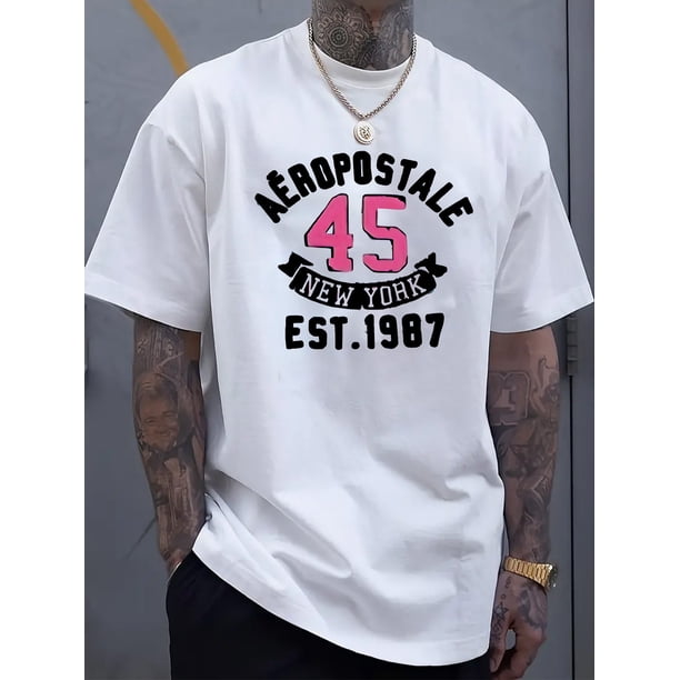 Men's 100% Cotton T-Shirt - New York 1987 Est. Design, Casual Street Style Knit Fabric, Round Neck Short Sleeve Top for Summer, Navy Blue with Stylish Print, Relaxed Fit for Casual Attire, Summer Cas