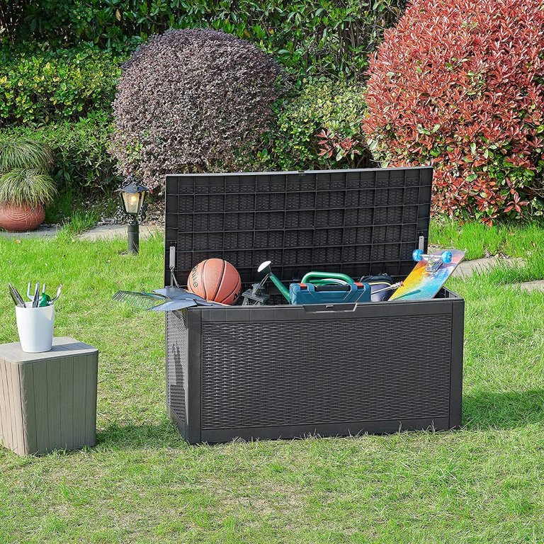 DWVO 100 Gallon Deck Box Resin Patio Storage Bin Outdoor Container Storage  Box New with Cushion, Brown