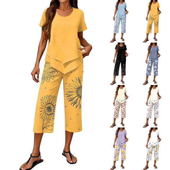 Women's Capri Sets 2 Piece Outfits Asymmetric Top with Wide-Leg Cropped Pants