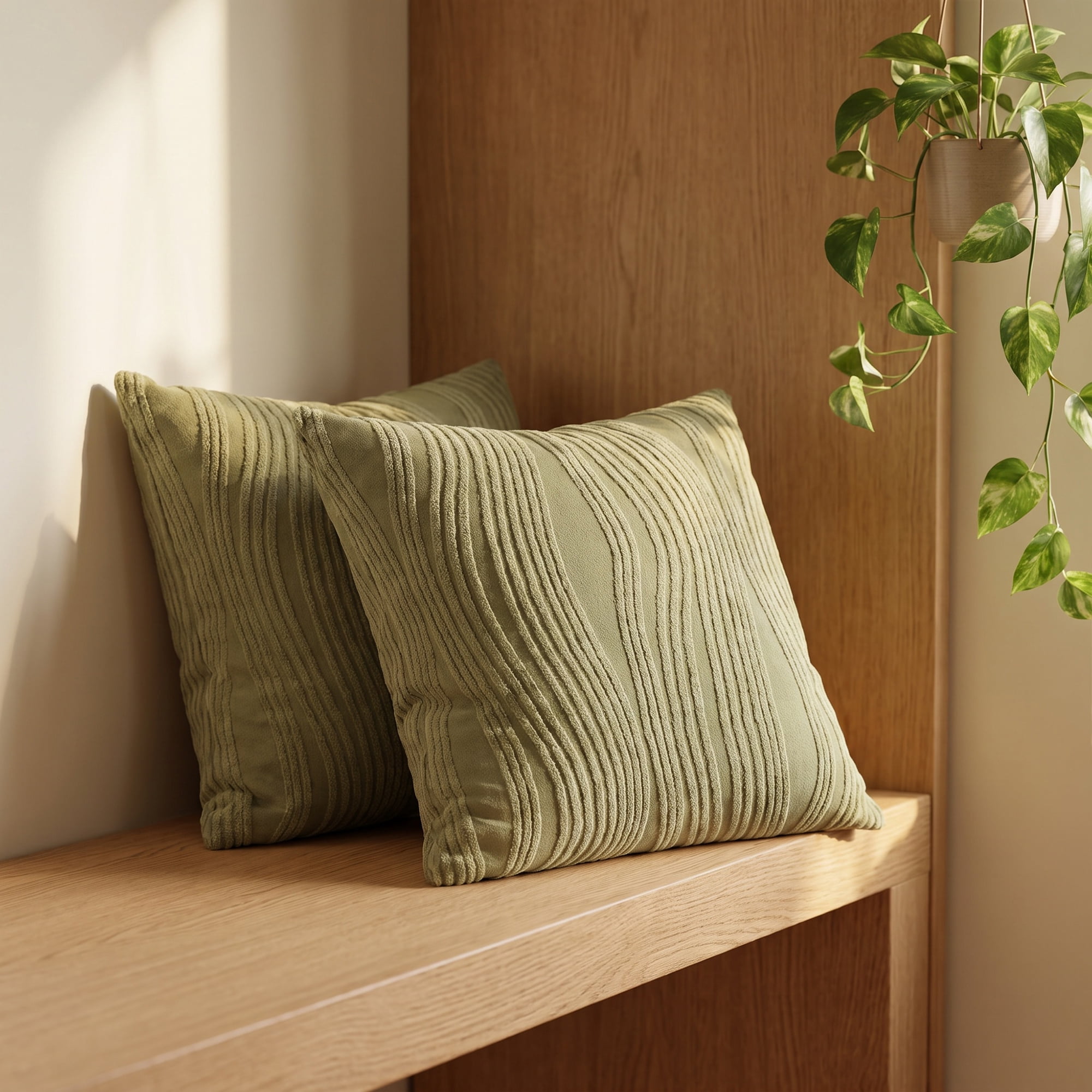 Unique Bargains 2Pcs Wave Textured Throw Pillow Cover Jacquard Cushion Cases Green 18"x18"