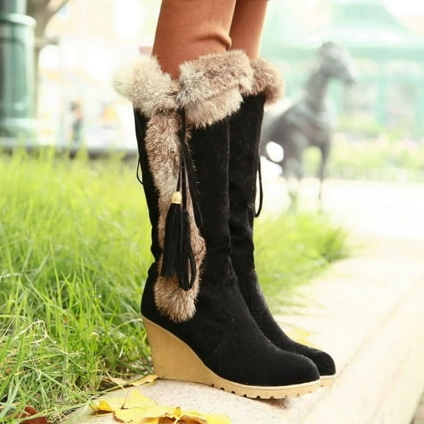 Botas de nieve nuevas de moda de otoño e invierno de comercio exterior europeo y americano, botas de mujer cálidas de piel de conejo con tacón de pendiente y salida de fábrica