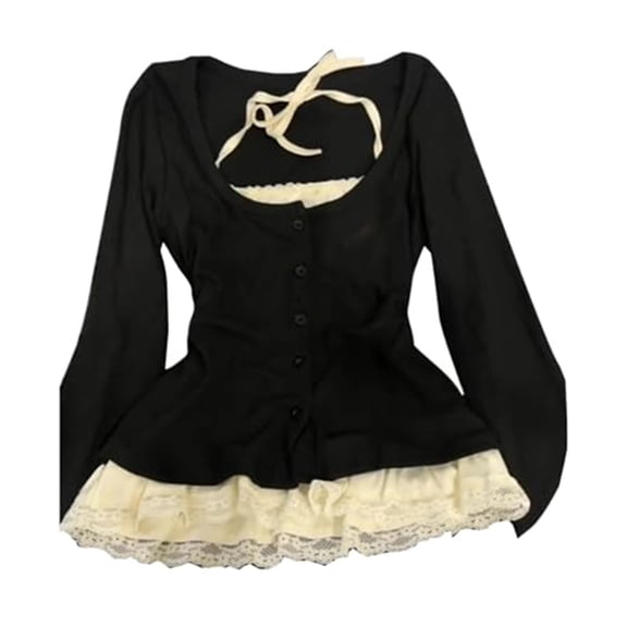 XIAONU Women's Lace Trim Button Front Peplum Top Long Sleeve Square Neck Pullover Blouse Soft Coquette Casual Tops