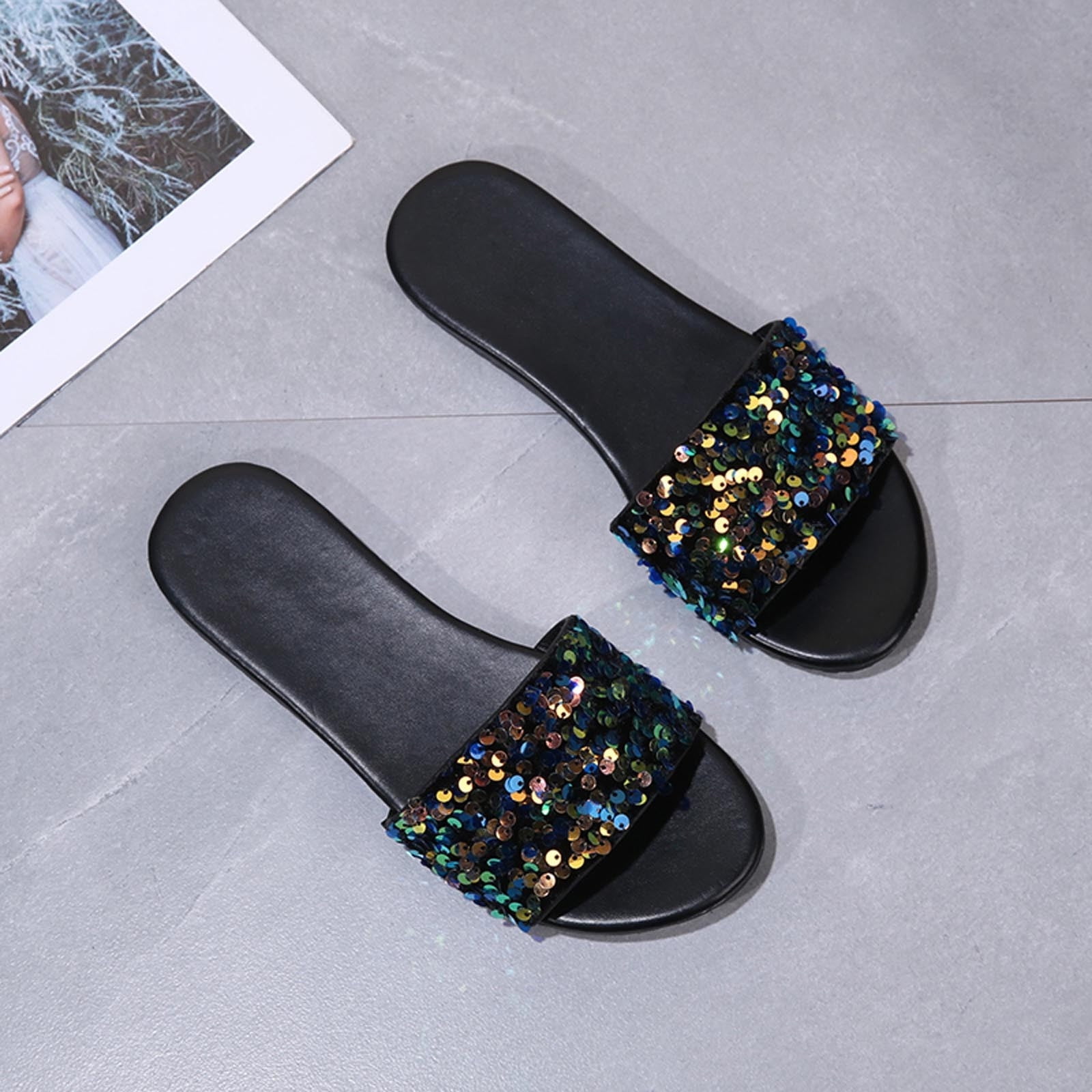 Jsezml Sequins Slide Sandals for Women Glitter Open Toe Slippers Comfort  Indoor Outdoor Slipper Summer Casual Flat Sandal