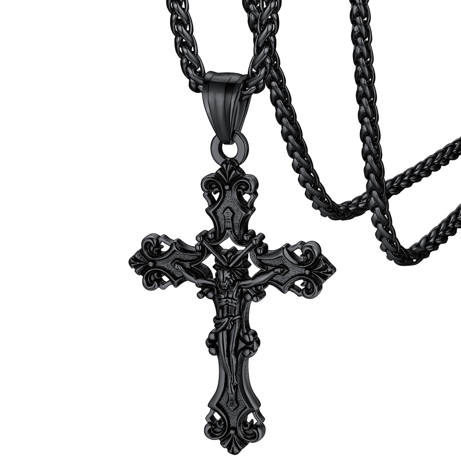FaithHeart Crucifix Cross Necklace for Men Black Antique Stainless Steel Christian Jesus Piece Pendant Church Praying Jewelry Dad Father s Day Gift