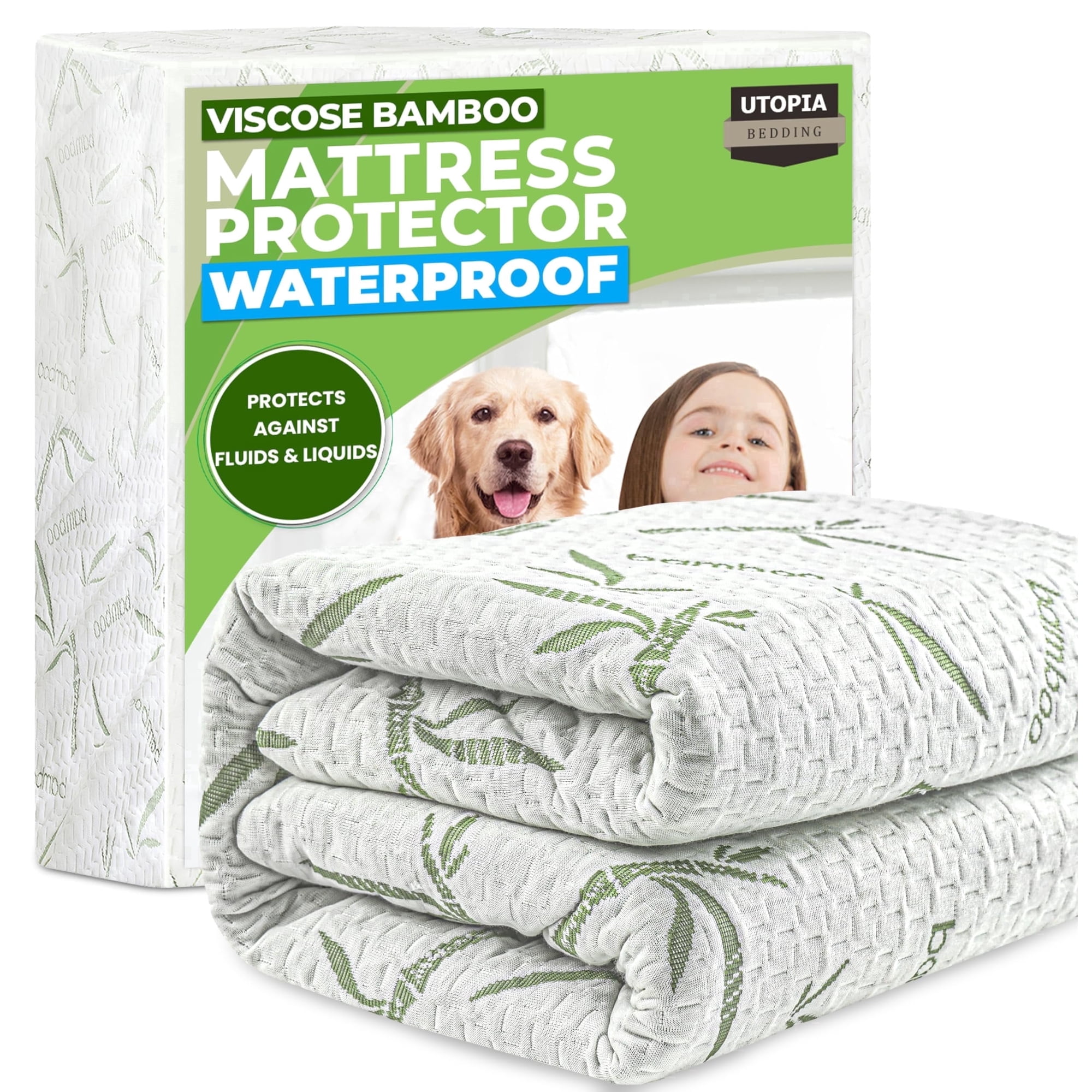 Utopia Bedding Waterproof Mattress Protector Queen Size Bed, Premium 200 GSM Bamboo Viscose Cooling Mattress Cover, Soft and Breathable, Fitted Style with 17 Inches Deep Stretchable Pockets