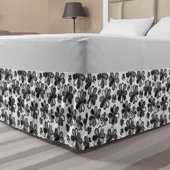 Floral Bed Skirt, Greyscale Retro Petals Continuous Pattern Doodle Design, Elastic Bedskirt Dust Ruffle Wrap Around for Bedding Decor, 4 Sizes, Grey Dark Grey, by Ambesonne