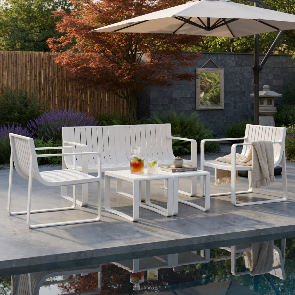 Hommoo Weather-Resistant Plastic 2-Person Outdoor Patio Loveseat Bench, Curved Backrest, White