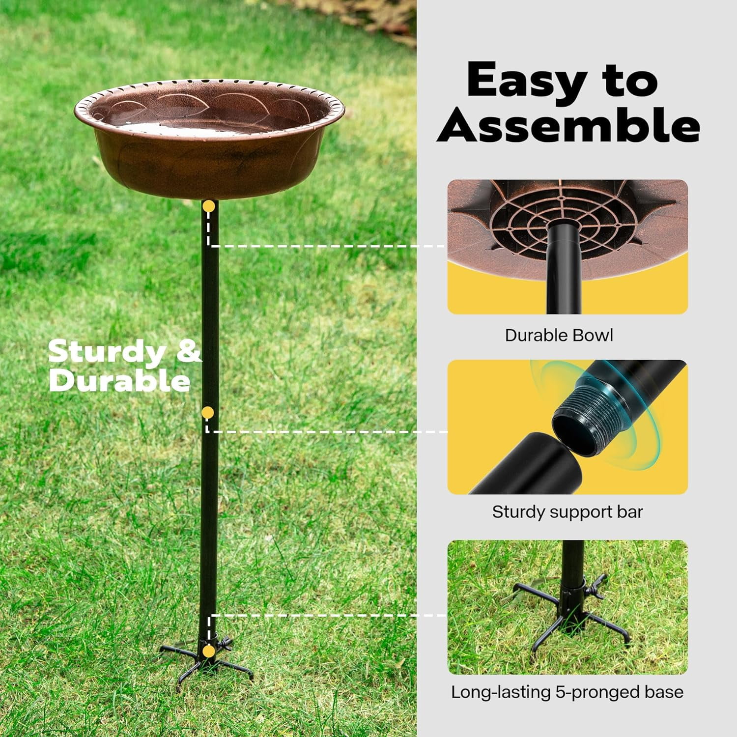 SPECSTAR Bird Bath, Polyresin Birdbath Bowl with Metal Stake, 29 inch Height Outdoor Freestanding Birdfeeder, 1.4 Gallons, 5-Pronged Base, Bronze