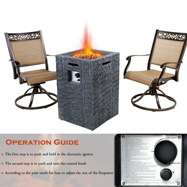 19 inch Outdoor Propane Fire Pit Table with 2 Chairs, 40,000 BTU Patio Gas Heater Column with Vertical Texture Surface, Red Lava Rocks, and PVC Firebowl Cover 19 inch Outdoor Propane Fire Pit Table with 2 Chairs, 40,000 BTU Patio Gas Heater Column with Vertical Texture Surface, Red Lava Rocks, and PVC Firebowl Cover