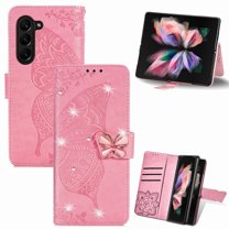 ELEHOLD for Samsung Galaxy Z Fold5 Wallet Case,Bling Diamond Butterfly Embossed Pattern Leather Wallet Cover Shockproof Magnetic Clasp Card Slots Kickstand Wriststrap Case for Women Girls,Pink