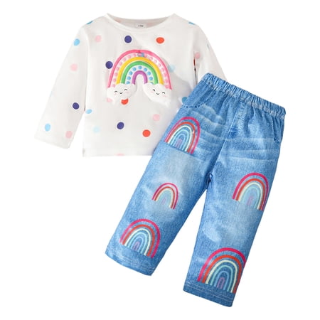 Staki Kids Clothes Little Girls 2 Piece Outfits Fashion Pullover Shirt Jeans Toddler Girl Clothing Set 6M-3T 9-12 Months