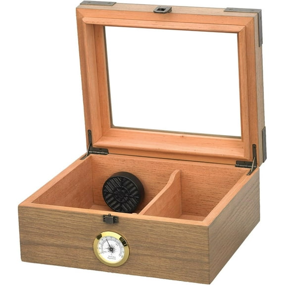 Humidor Supreme Newport Glasstop Cigar Humidor, 25 Cigar Capacity, Spanish Cedar Divider, White Oak Finish