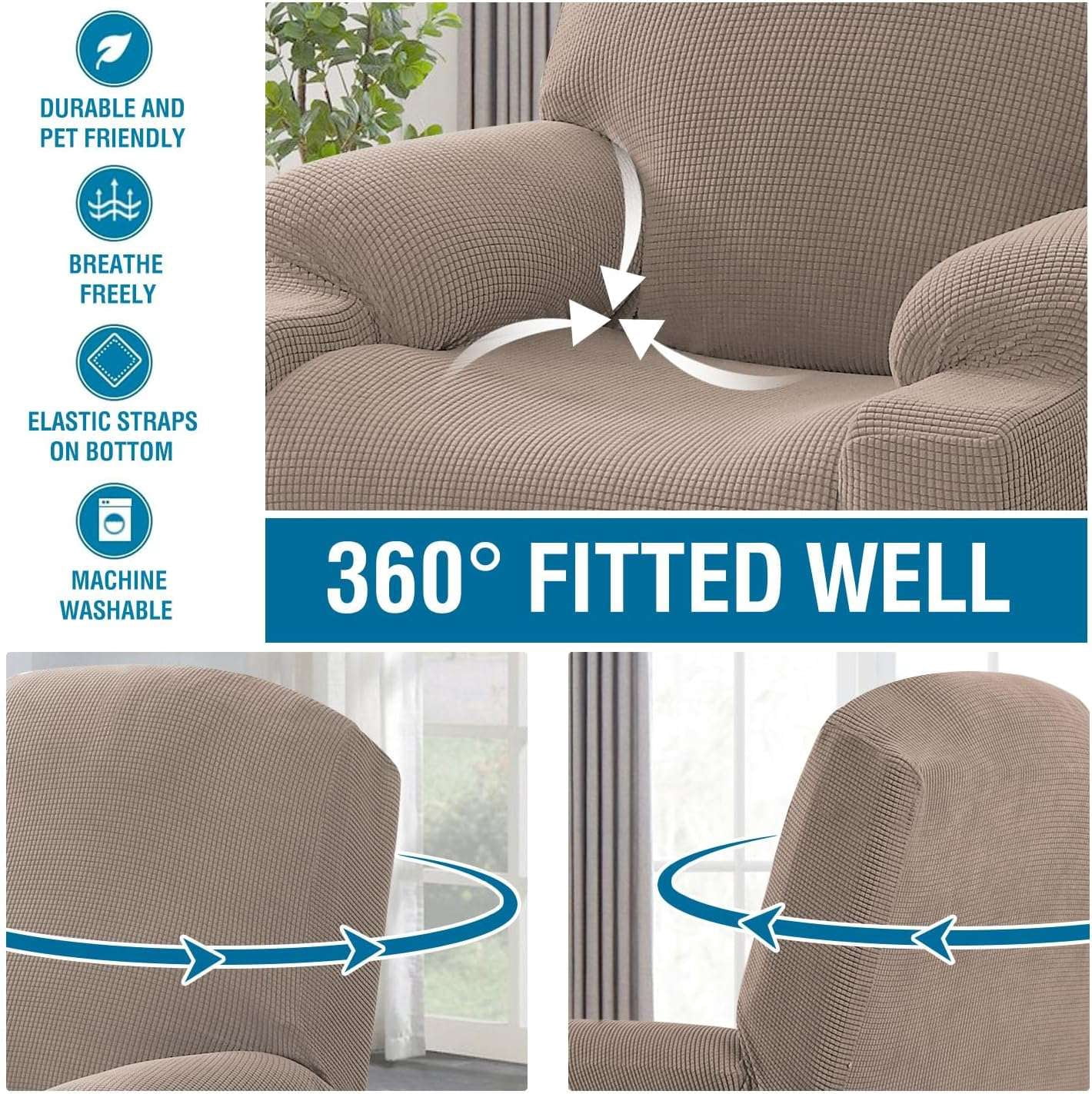 H.VERSAILTEX Stretch Electric Power Lift Recliner Chair Cover with Side Pocket, Soft Thick Jacquard(Single Seat, Sand)