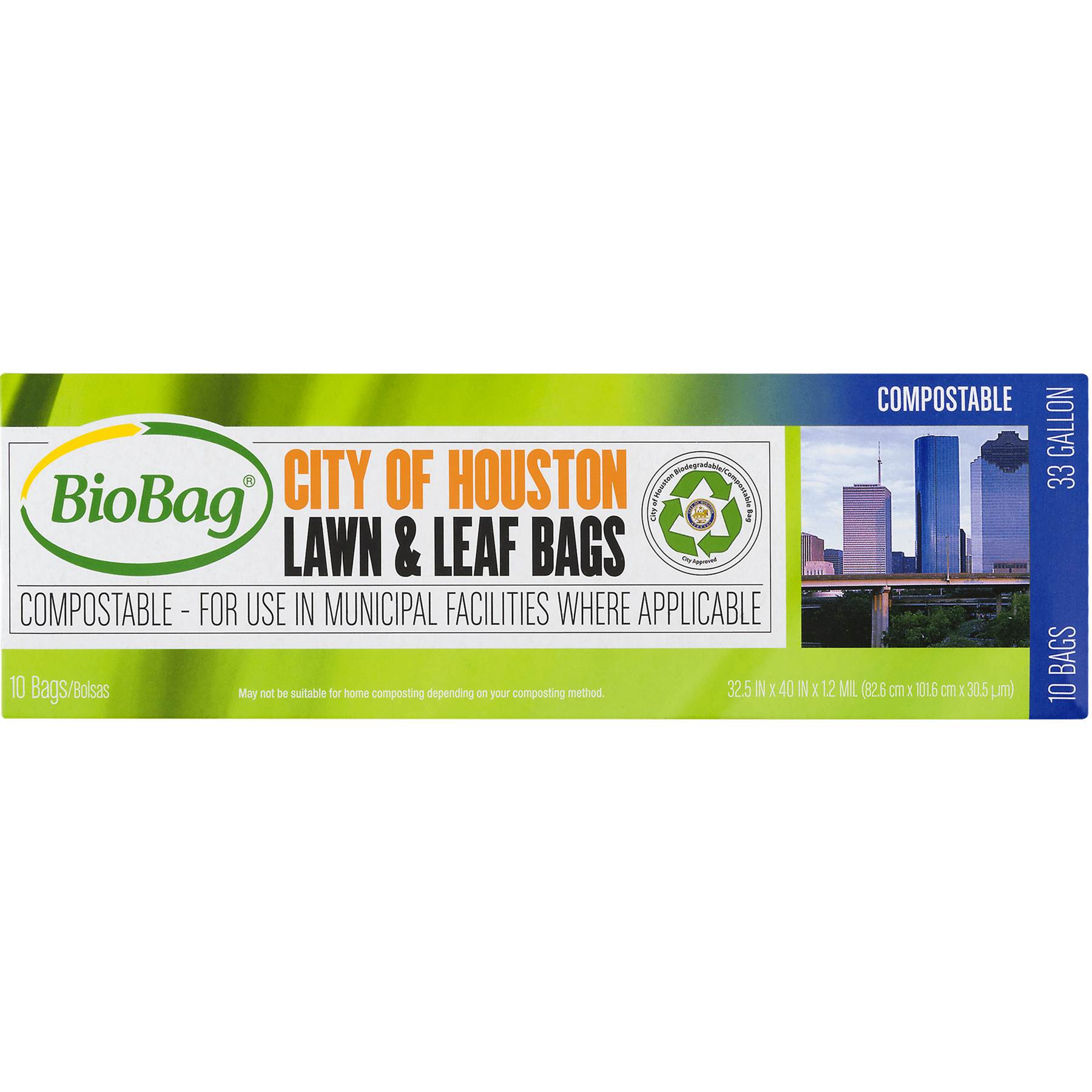 BioBag City Of Houston Compostable Lawn & Leaf Bags, 33 Gallon, 10 Bags