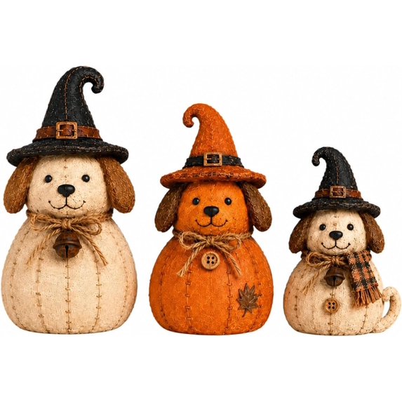 3-Piece Halloween Decorations Vintage Witch Dog Figurines, Rustic Fall Tabletop Decor Set, Cute Spooky Animal Statues for Indoor Autumn Home Mantel Room Display