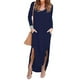thumbnail image 3 of Vestido de manga larga con abertura lateral, cuello en V, bolsillo, dobladillo irregular, vestido largo de color puro para mujer, azul purpúreo S, 3 of 5