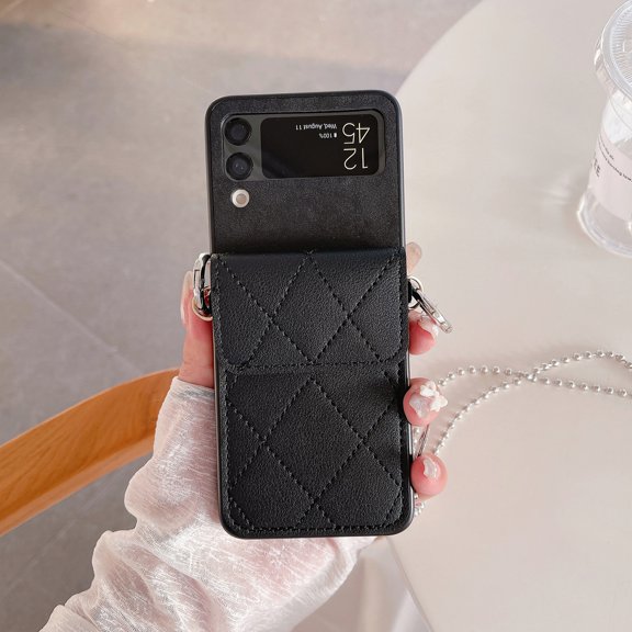 Crossbody Wallet Case Compatible with Samsung Galaxy Z Flip 3 2022 with Lanyard Leather Shockproof Girly Case-Black