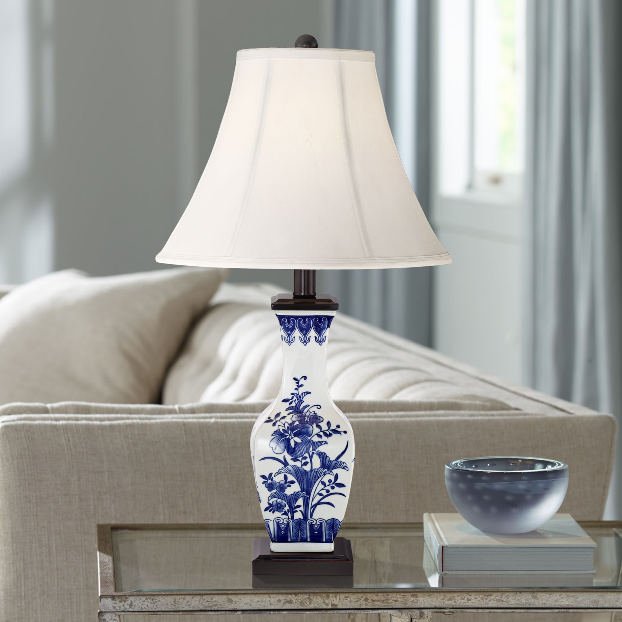 barnes and ivy asian accent table lamp ceramic blue floral vase white bell shade for living room family bedroom bedside nightstand walmart com