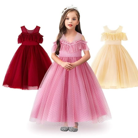 

safuny Girls s Party Gown Birthday Dress Clearance Polka Dot Lace Splicing Comfy Fit Mesh Ruffle Hem Cold Shoulder Sleeve Princess Dress Lovely Holiday Round Neck Vintage Beige 5-14Y