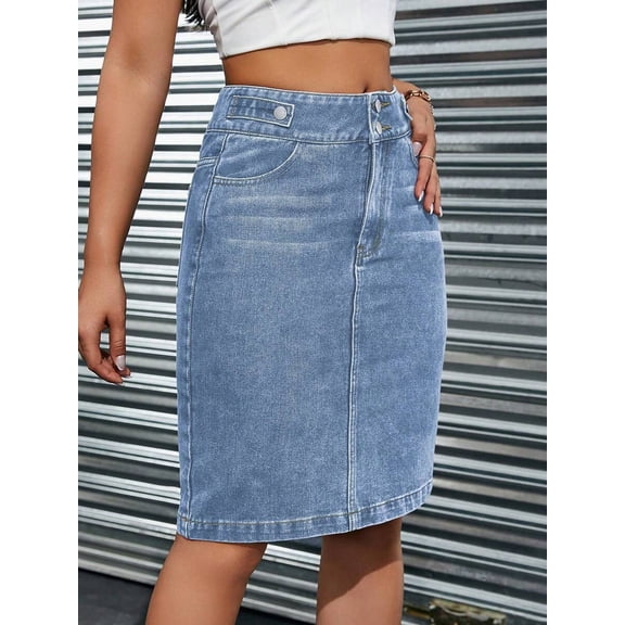 Womens Medium Wash Denim Pencil Skirt Knee Length Casual Fit