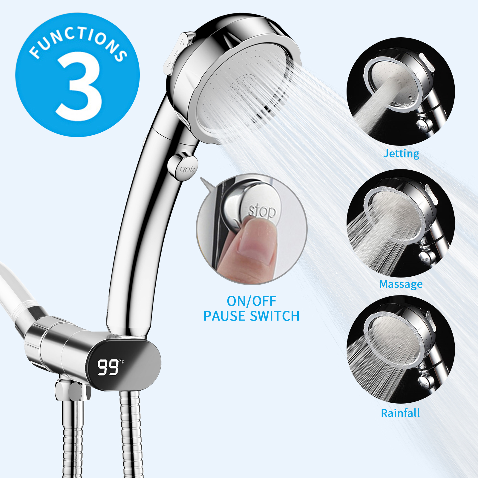 KAIYING High Pressure Handheld Shower Head with Hose, On/Off Switch & LED Thermometer, Chrome