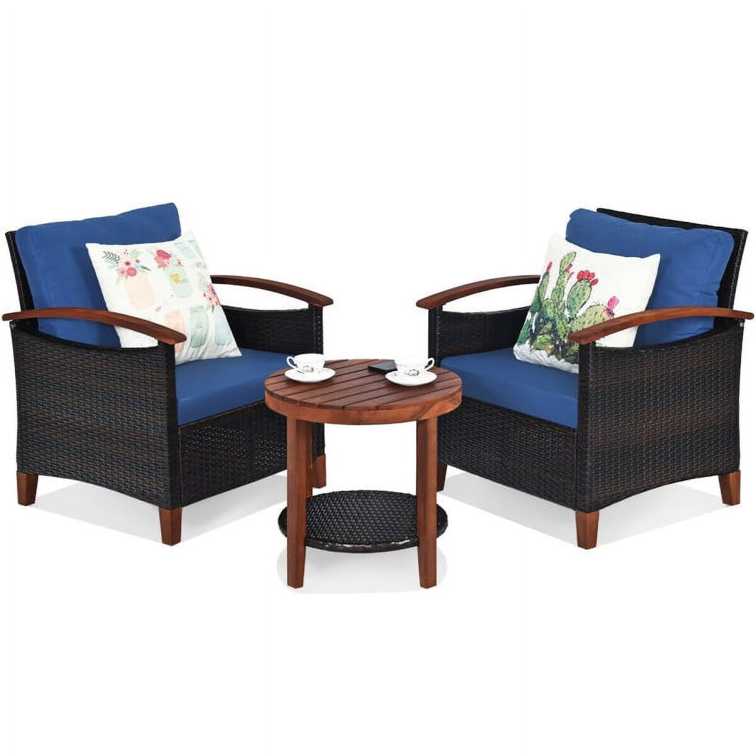 Aimee Lii 3 Pieces Patio Rattan Furniture Set with Washable Cushion and Acacia Wood Tabletop, Small Patio Set, Blue Aimee Lii 3 Pieces Patio Rattan Furniture Set with Washable Cushion and Acacia Wood Tabletop, Small Patio Set, Blue