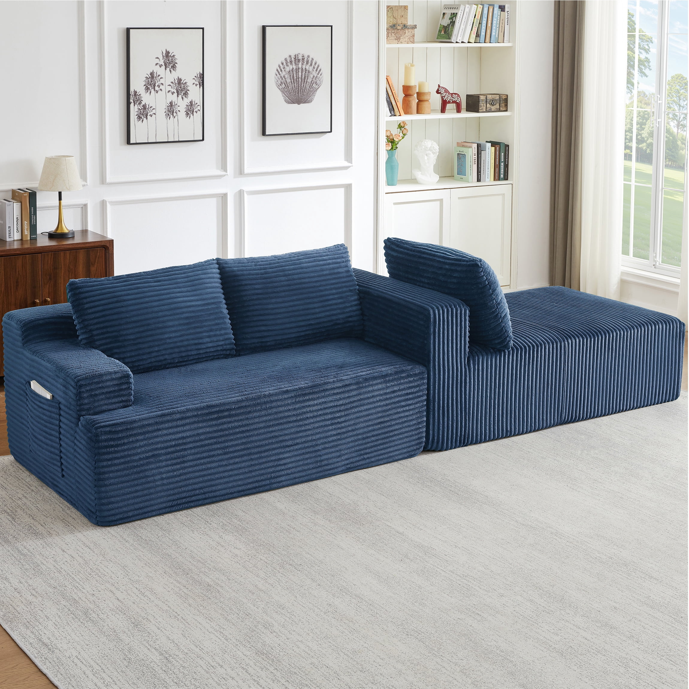Vanress 96 Inch Modular Sectional Couches for Living Room, Modern Boneless Sofa, Upholstered Deep Seat Cloud Couch, Corduroy Comfy L-Shape Sofas Couches, No Assembly, Blue (Right Facing Chaise)
