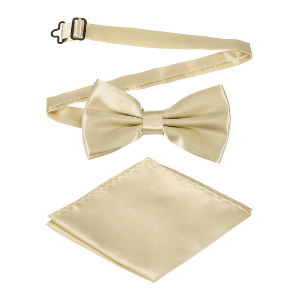 Corbata de moño para hombres, corbatas de moño ajustables con pañuelo de bolsillo, conjuntos de corbatas de moño preatadas para bodas (Oro Champagne Claro)