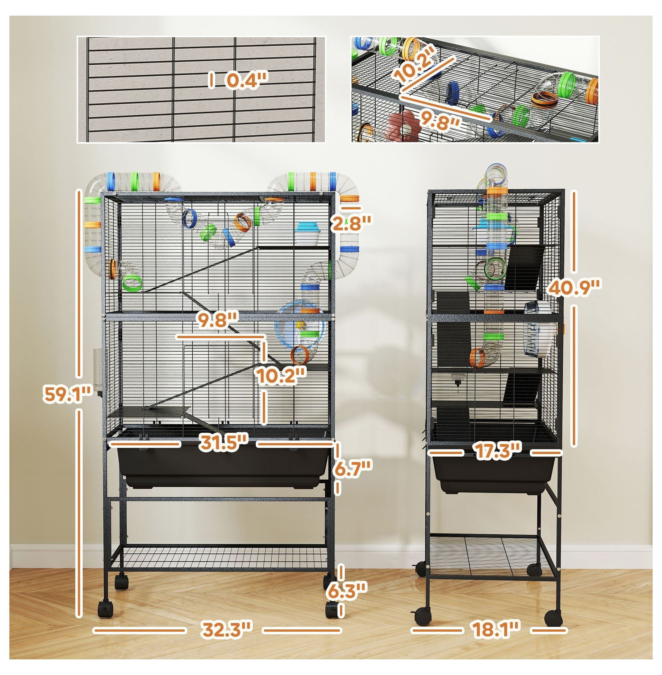 Hamster Cage 5 Tier, Rat Cage Rolling with Deep Tray & Shelf, Exercise Wheel & Tubes - Syrian Hamster Gerbil Habitats