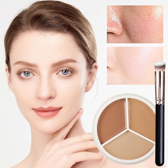 Tricolor Concealer Face Makeup - Color Correction Concealer Pot with Brush, Light Medium Shades for Women, Mini Portable Concealer for Dark Circles, Wrinkles & Blemishes