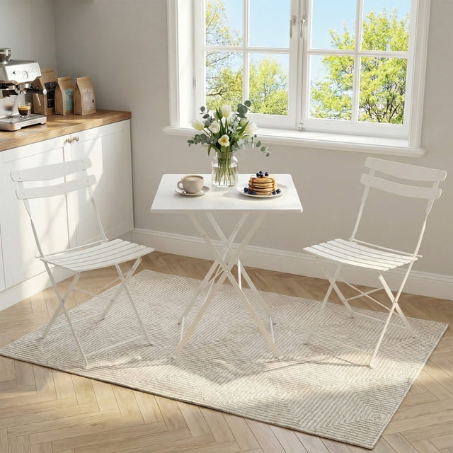 Juego Bistró para Patio Exterior de 3 Pzas/set, Juego de Muebles de Mesa y Sillas de Metal Plegables, 1 Mesa Cuadrada y 2 Sillas Plegables para Balcón, Porche, Jardín