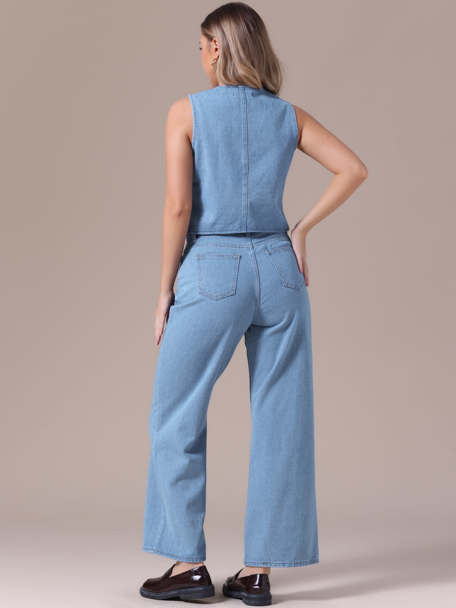 DARING DIVA Women's Denim Set 2 Pieces Outfits Matching Wide Leg Jeans S Light Blue
