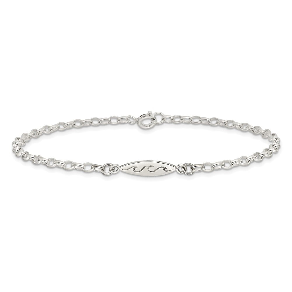 Auriga Fine Jewelry 925 Sterling Silver Antiqued Polished Etched Waves Surfboard Link 9inch Anklet for Women