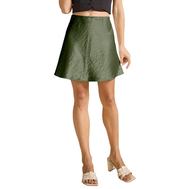 Minifalda Elegante de Cintura Alta con Volantes para Mujer, de Satén Sedoso, con de , Corte A. Verde S
