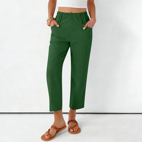 Mceream Wide Leg Pants Women Plus Size Cotton Linen Elastic High Waisted Dress Pants Comfy Stretch Pull On Pants with Pockets Loose Fit Beach Vacation Pant OutfitsGreenL