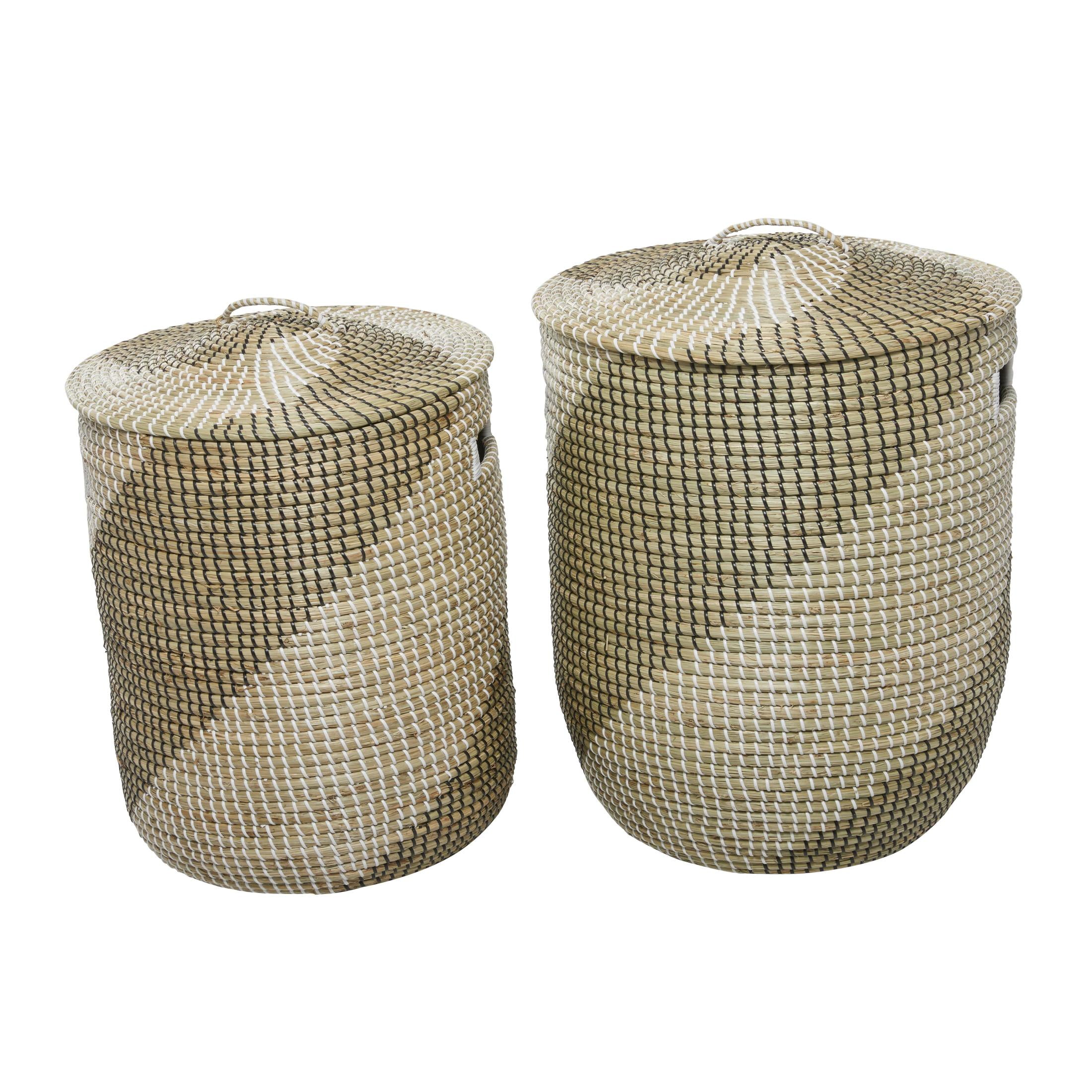 DecMode 24", 22"H Brown Seagrass Handmade Two Toned Storage Basket with Matching Lids, 2-Pieces