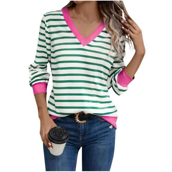 Womens Long Sleeve Shirt Casual Striped Tops Color Block V-Neck Blouses Tunic Top Spring Fall Outfits Pullover