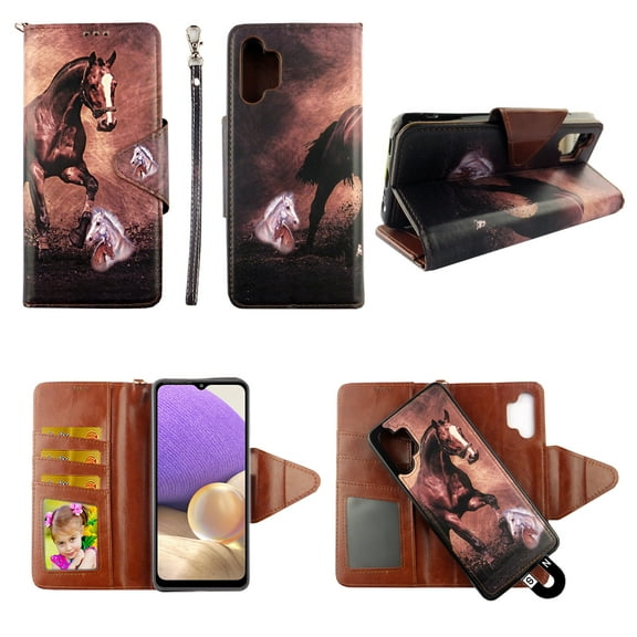 Case For Samsung Galaxy A32 5G Detachable Magnetic Wallet Pu Leather Cover Flap Closure Snap-on Book Style Cases Cash Pocket with Card Slots Holder Wrist Strap 2 in 1 Folio Brown Horse