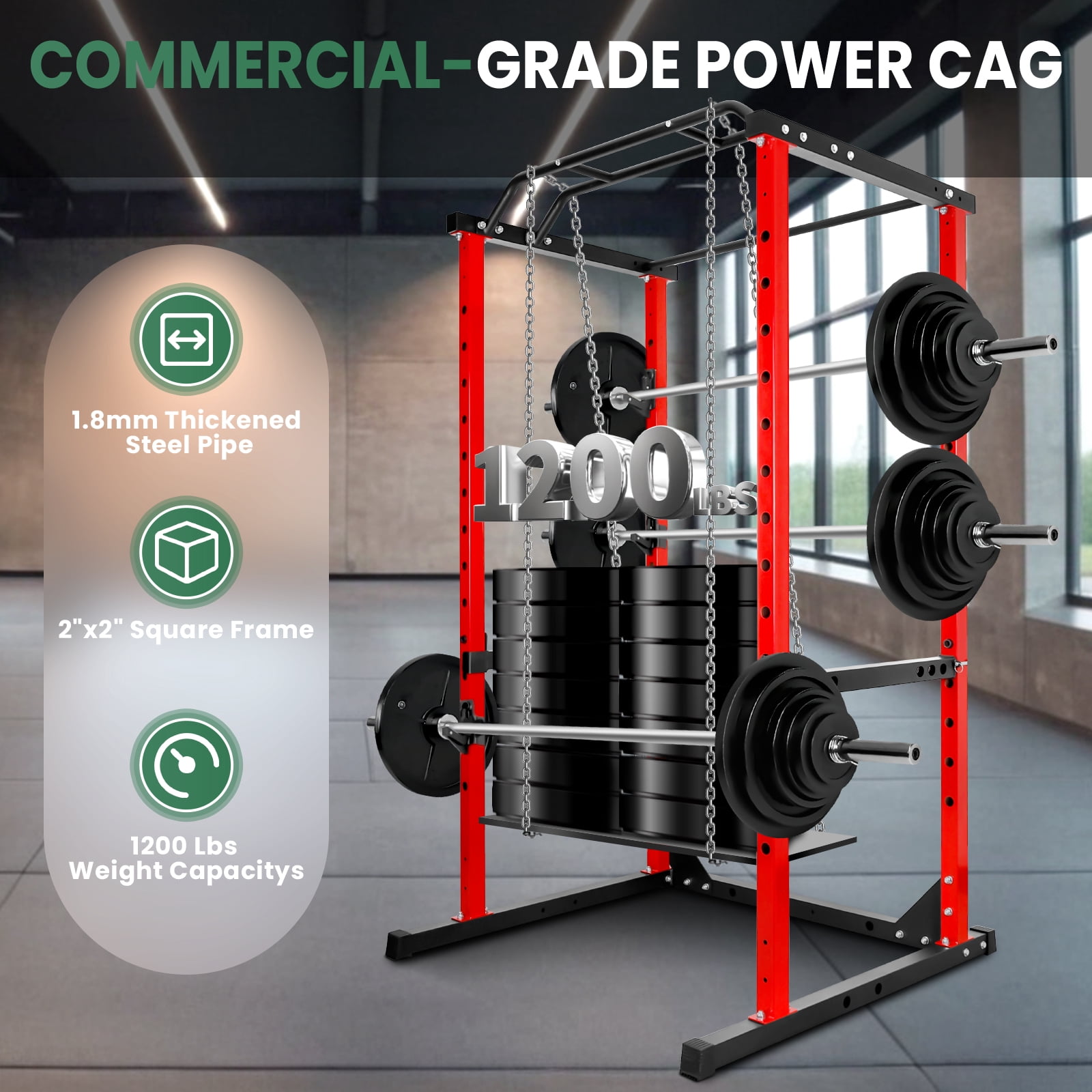Squat Rack Power Cage, 1200LB Multi - Function Home Gym Squat Rack, 2”x2”Square Adjustable Squat Rack with J-Hooks for Weightlifting