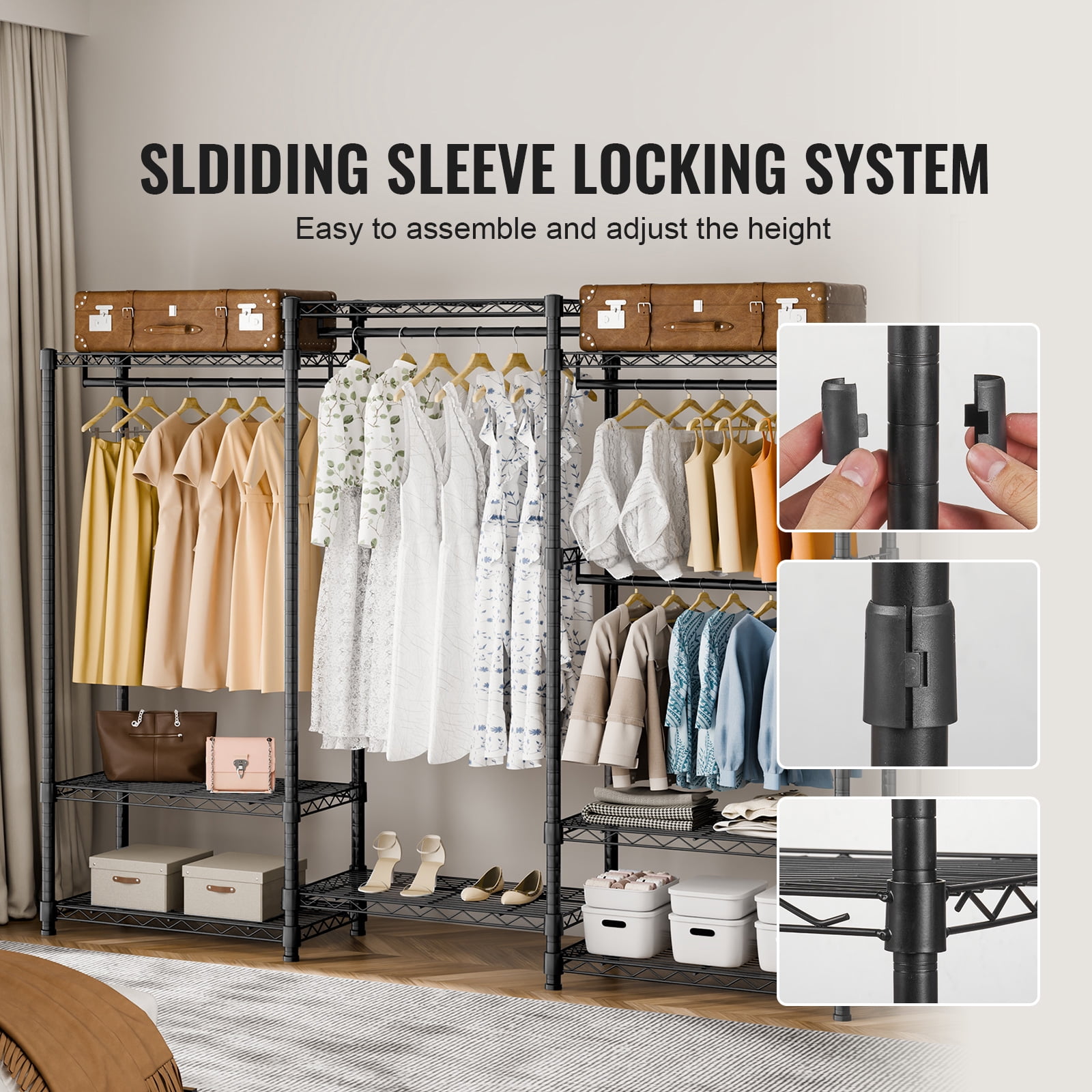 VEVOR Clothes Rack Wire Garment Rack with 4 Hang Rods & 8 Storage Tiers Load 800 LBS Heavy Duty Adjustable Freestanding Clothing Rack 71" H x 69" W x 18" D Black