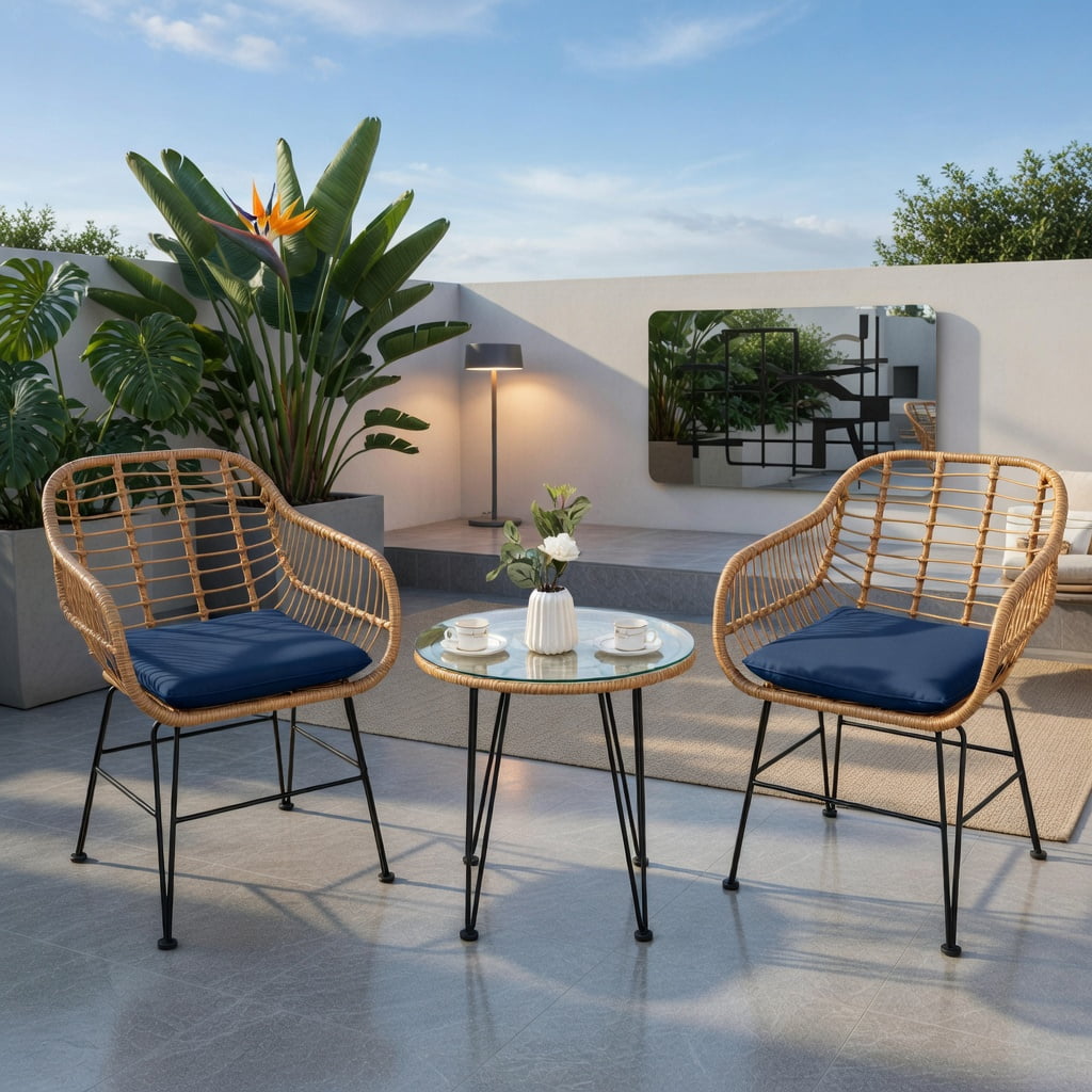 Hommoo 3-Piece Outdoor Rattan Patio Furniture Set, 2 Cushioned Chairs + Tempered Glass Coffee Table, Navy