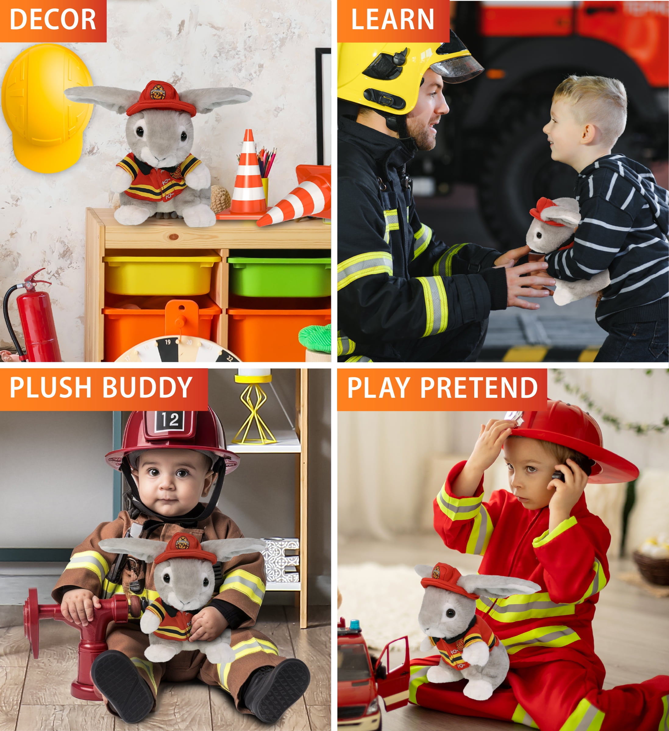 DolliBu Sitting Gray Rabbit Firefighter Stuffed Animal - Rabbit Fireman Toy with Red Fireman Costume Outfit and Fireman Hat, Farm Life Stuffed Animal Fire Fighter Doll Plush Toy for Kids - 6.5 Inch