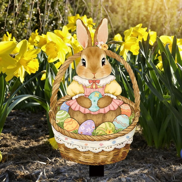 Easter Bunny Garden Stakes Outdoor Decorations, Easter Egg Yard Art Spring Lawn Ornaments, Dwarf Figurines Patio Decor, Holiday Party Supplies, Festive Ground Insertion Decor for Courtyard Festival