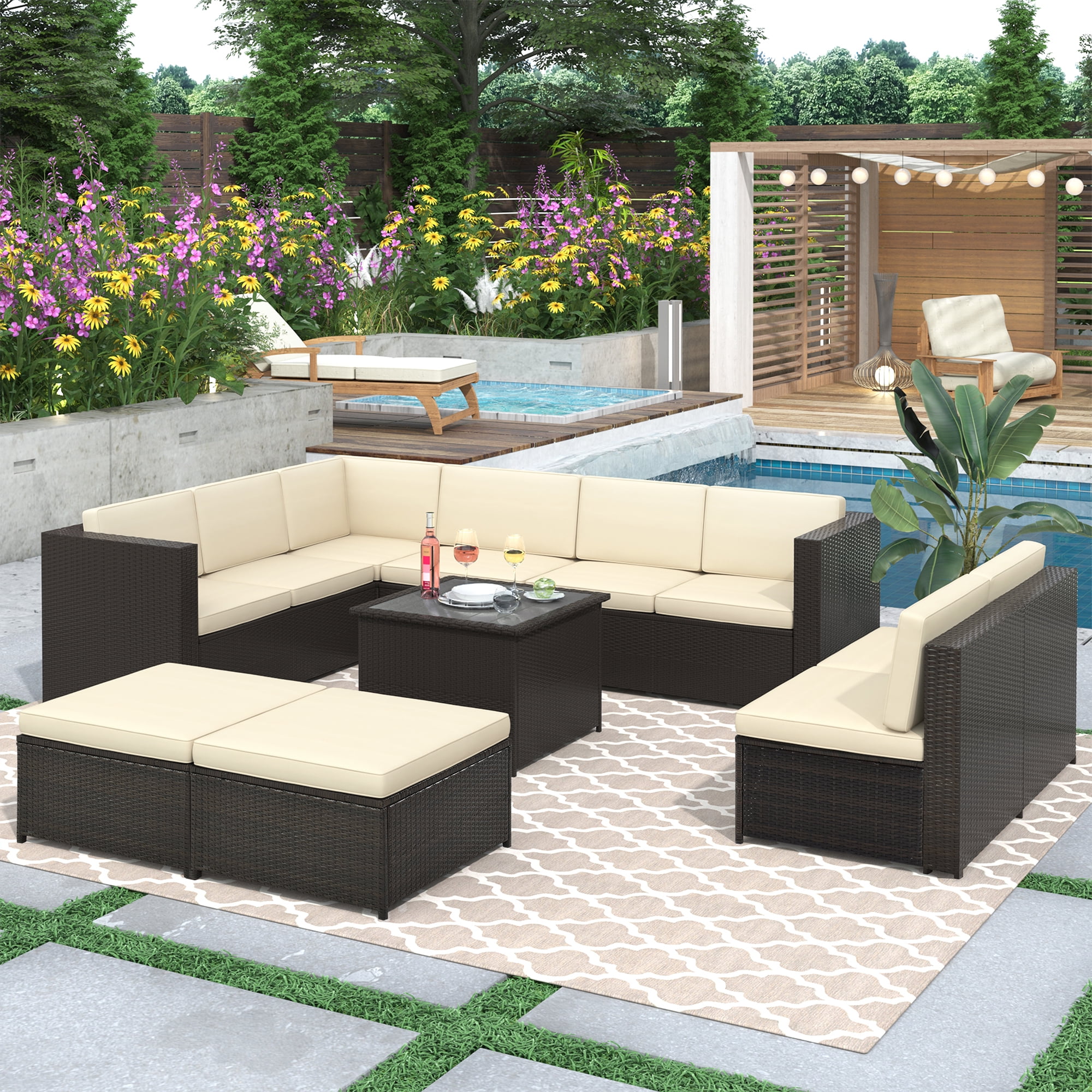 Bistro Patio Sectional Conversation Sets, 9 Pieces Outdoor Wicker Patio Furniture Set with 1 ...