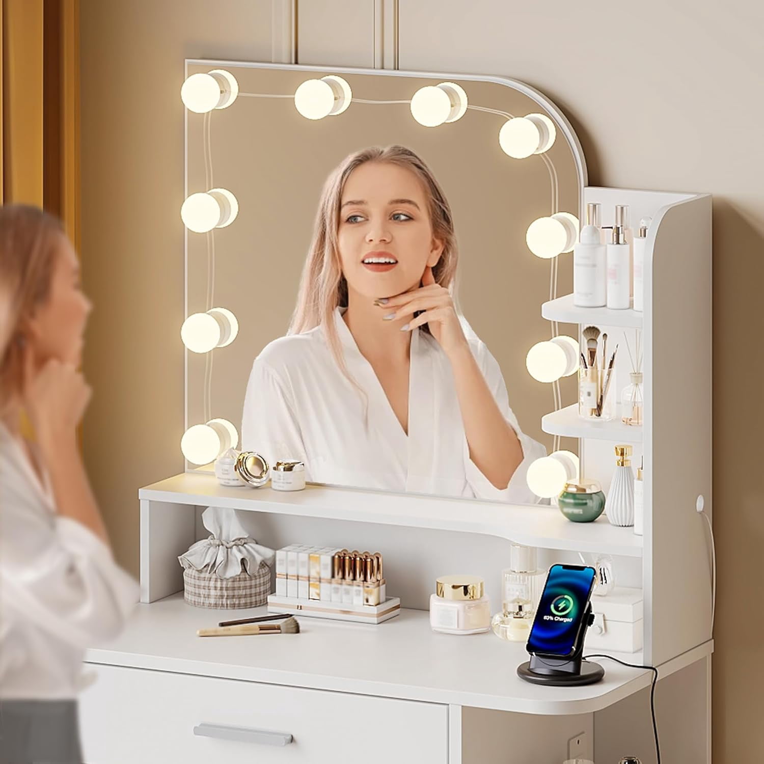 26.4" Small Makeup Vanity Set with Mirror and Lights, NEORIVER Modern Vanity Desk with Bench and Power Outlets