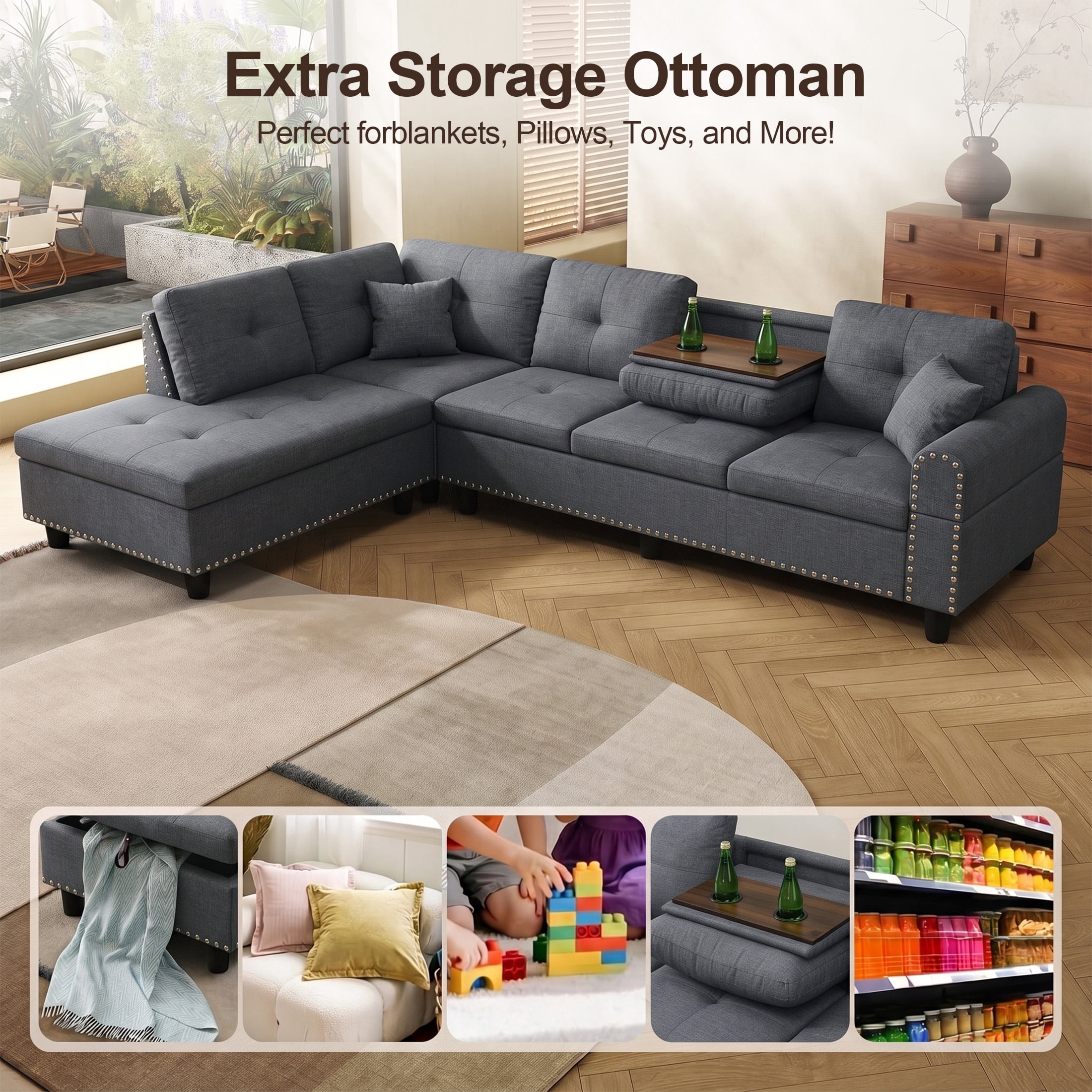 AENKYO 98" L-Shaped Sectional Sofa with Reversible Chaise and Cup Holders, Linen, Dark Gray