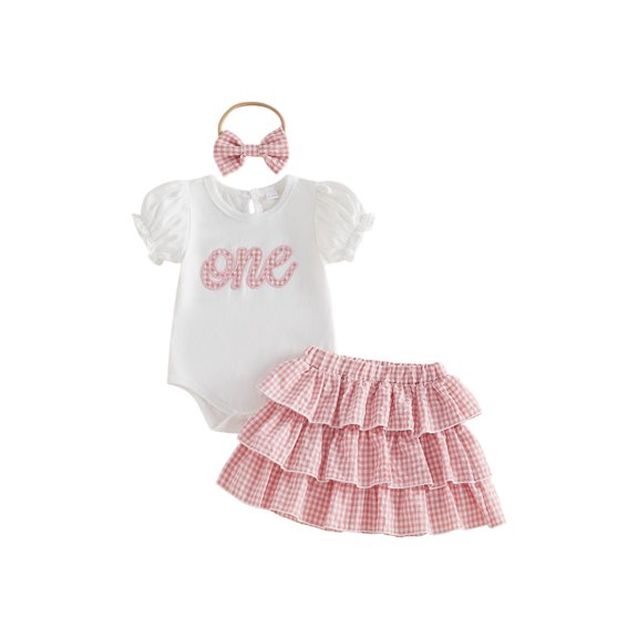 Cenuakty Baby6M 12M 18M Girl 1st Birthday Outfit Cute Short Sleeve Letters Embroidery Romper with Plaid Skirt, Headband 3Pcs Set