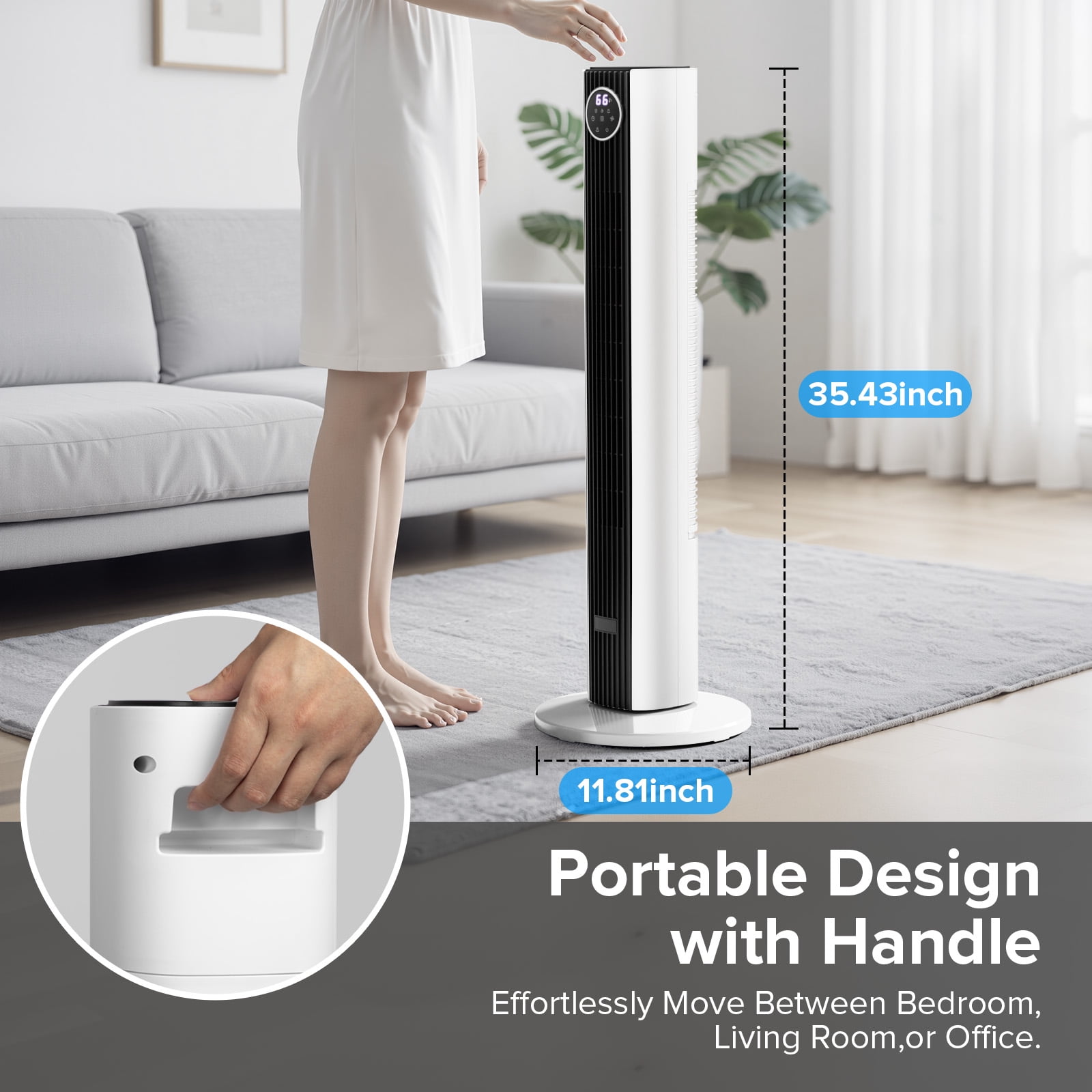 KISSAIR 35" Oscillating Tower Fan, Bladeless Floor Fan with Remote, 4 Modes & 3 Speeds, 12H Timer, Quiet & Family-Safe, LED Display, 85° Wide Cooling for Bedroom & Home  (Black - White mix)